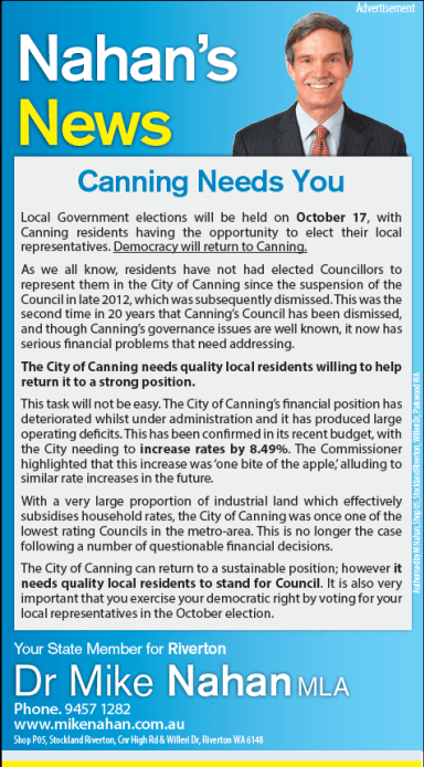 CanningAccountability Mike Nahan ad warning no 5